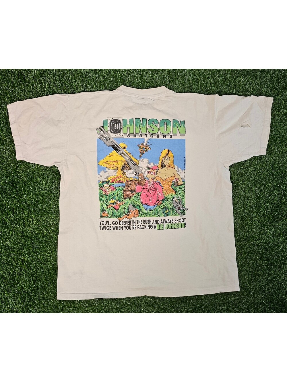 VTG NSFW FUNNY Johnson Shotguns Graphic Print White T-Shirt Size Large